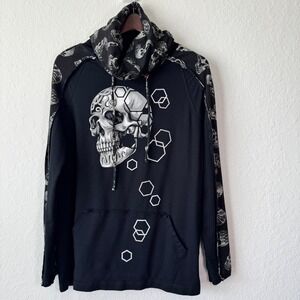 Ay Guey Mexico Mens Skull Graphic Cowl Neck Hoodie Black Grey Streetwear Flawed